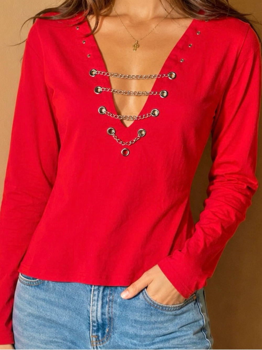 NEW Size L Biker Wear Babes Hot Red Goth Chain Corset V-Neck Long Sleeve Shirt